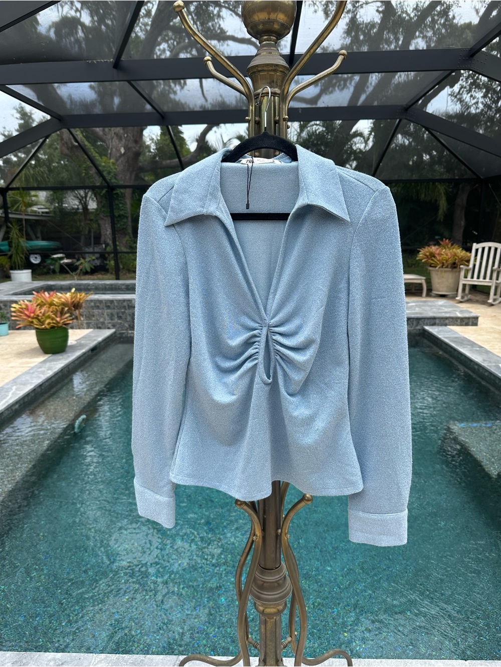 Zara LG Light blue Keyhole Shimmer Long sleeve top With button- Elegant Club Top